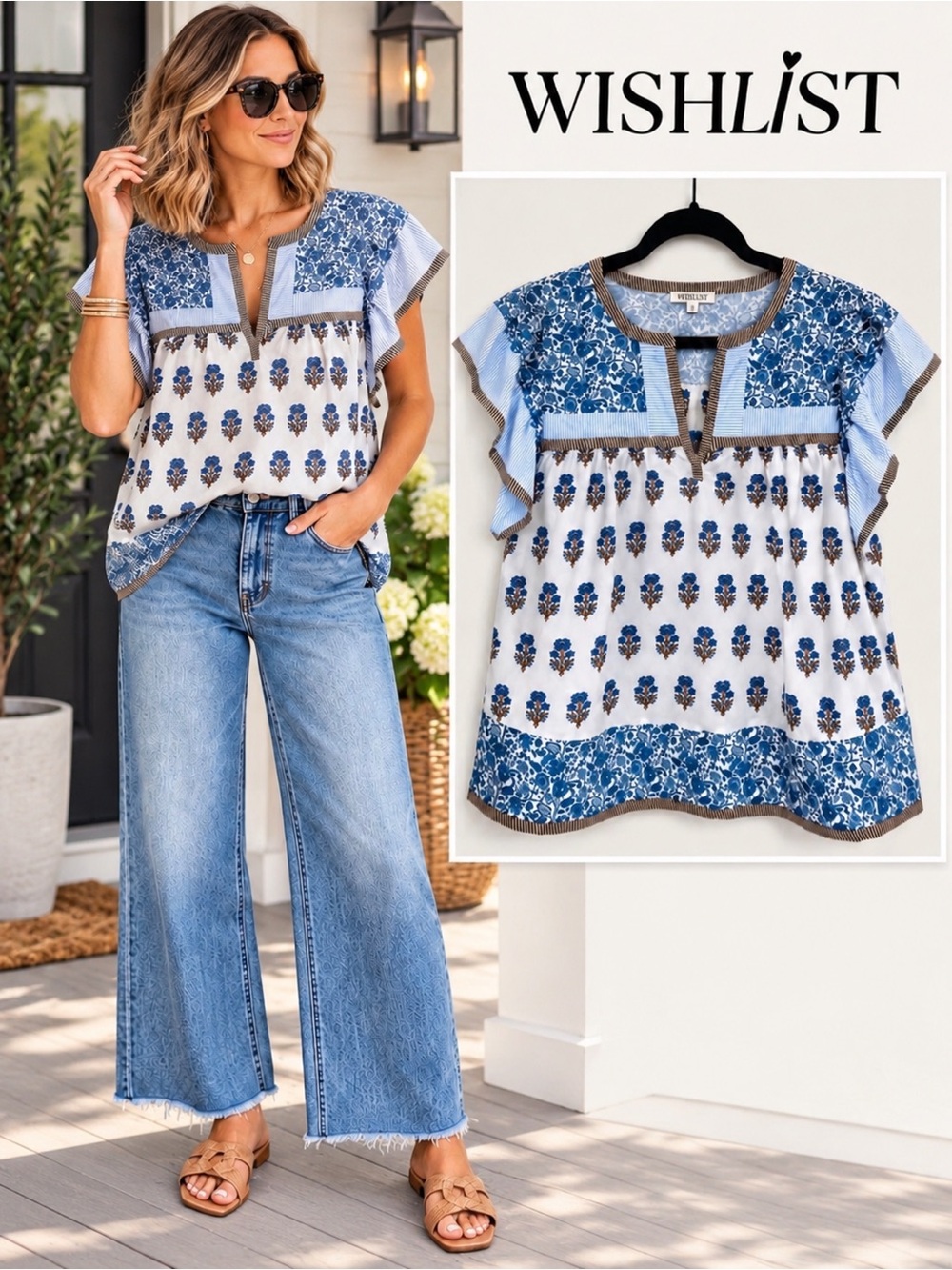 Wishlist Blue & White Mixed Print Floral Stripe Blouse